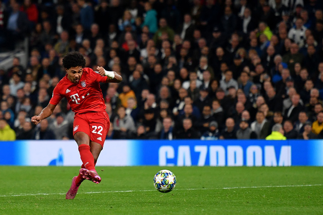 Bayern Munich’s German midfielder Serge Gnabry shoots to score during the UEFA Champions League Group B football match against Tottenham Hotspur in London on Tuesday  (AFP photo by Daniel Leal-Olivas)