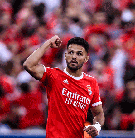 Benfica’s Portuguese forward Goncalo Ramos reacts to FC Porto’s Portuguese goalkeeper Diogo Costa’s own goal during their Portuguese league match in Lisbon on Friday (AFP photo by Patricia De Melo Moreira)