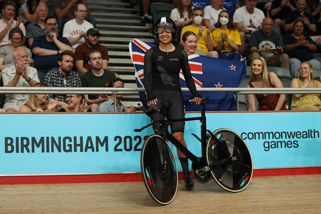 Gold medallist New Zealand’s Bryony Botha celebrates winning the women’s 3000m individual pursuit final cycling event at the Commonwealth Games in London on Saturday (AFP photo by Adrian Dennis)