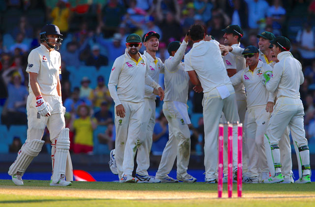 England’s captain Joe Root reacts as he walks off the ground after being dismissed during the first day of the fifth Ashes Cricket Test match against Australia in Sydney on Thursday  (Reuters photo)