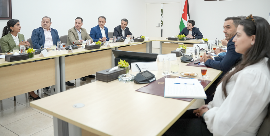 HRH Crown Prince Hussein, the Regent, is briefed on progress in the Aqaba Development Corporation’s programmes and projects at the company on Sunday (Photo courtesy of Royal Court)