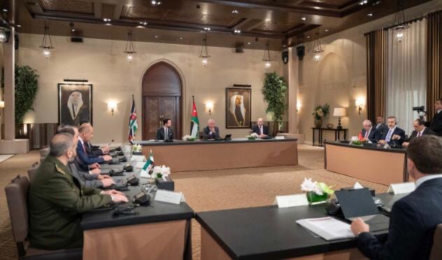 His Majesty King Abdullah on Sunday receives representatives of Syria, Turkey, Iraq and Lebanon participating in a high-level meeting for Syria’s neighbouring countries, hosted by Jordan (Photo courtesy of Royal Court)