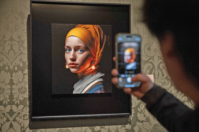 A visitor takes a photo of an image designed with artificial intelligence by Berlin-based digital creator Julian van Dieken inspired by Johannes Vermeer’s painting ‘Girl with a Pearl Earring’ at the Mauritshuis museum in The Hague on Thursday (AFP photo)