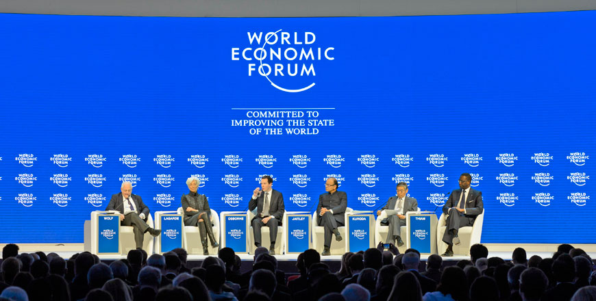 From left to right: Martin Wolf, chief economics commentator of Financial Times, Christine Lagarde, managing director of the International Monetary Fund, George Osborne, chancellor of the exchequer and first secretary of state of the United Kingdom, Arun Jaitley, minister of finance of India, Haruhiko Kuroda, governor of the Bank of Japan and Tidjane Thiam, CEO of Credit Suisse, attend a panel session on the closing day of the Annual Meeting of the World Economic Forum in Davos, Switzerland, Saturday (AP photo)