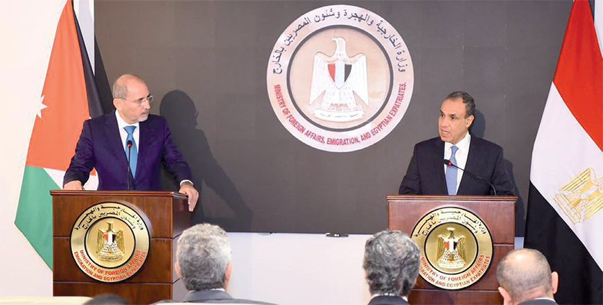 Deputy Prime Minister and Foreign Minister Ayman Safadi (left) on Tuesday holds joint press conference with Egyptian Foreign Minister Badr Abdel Aty in Cairo (Foreign Ministry photo)
