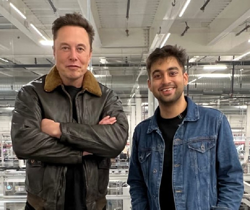 Elon Musk stands with superfan Pranay Pathole at the Gigafactory Texas near Austin, Texas (Photo courtesy of twitter.com)