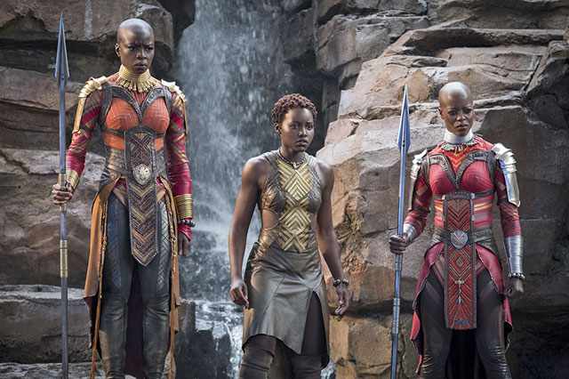 Florence Kasumba (right), Danai Gurira (left) and Lupita Nyong’o in ‘Black Panther’ (Photo courtesy of imdb.com)