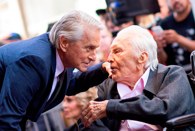 Kirk Douglas (right) attends a ceremony honouring his son actor Michael Douglas with a Star on Hollywood Walk of Fame, in Hollywood, California, on November 6, 2018 (AFP photo by Valerie Macon)