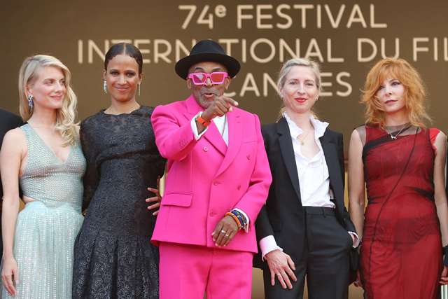 US director and jury president of the 74th Cannes Film Festival Spike Lee (centre) poses with jury members (from left) French actress and director Melanie Laurent, French-Senegalese director Mati Diop, Austrian director Jessica Hausner and French-Canadian singer Mylene Farmer at the opening ceremony of the Cannes Film Festival in Cannes, France, on Tuesday (AFP photo by Valery Hache)