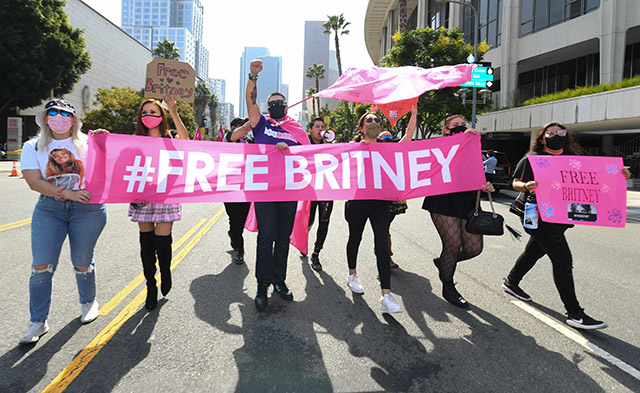 Fans of Britney Spears protest in front of the Stanley Mosk Courthouse during Britney's hearing to end her father's controversial guardianship, in Los Angeles, California on Wednesday (AFP photo by Valerie Macon)