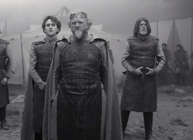 Brendan Gleeson (2nd right), Harry Melling (2nd left), and V.P. Walling (right) in ‘The Tragedy of Macbeth’ (Photo courtesy of imdb.com)