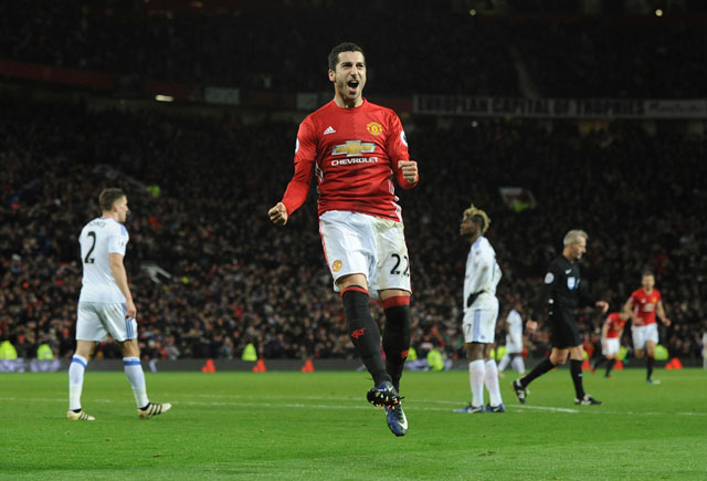 Manchester United’s Henrikh Mkhitaryan celebrates after scoring his side’s third goal against Sunderland in Manchester, England, on Monday  (AP photo by Rui Vieira)
