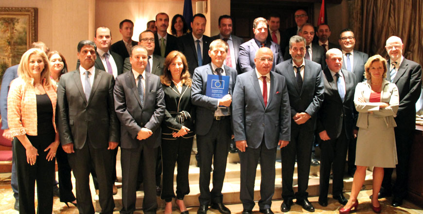  Senior officials and EU representatives pose for a group photo at the King Hussein Club on Monday (Photo by Camille Dupire)