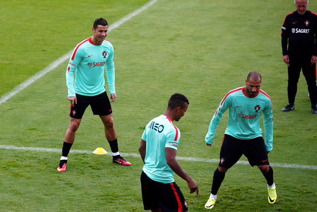 Portugal’s Christiano Ronaldo (left), Nani ( centre) and Ricardo Quaresma exercise with the ball (not seen) during a training session in Marcoussis, France, on Monday  (AP photo by Thibault Camus)