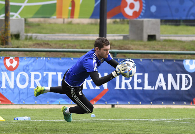  Northern Ireland’s goalkeeper Michael McGovern takes part in a training session at their training ground in Saint George de Reneins, eastern France, on Sunday, during the Euro 2016 tournament (AFP photo by Philippe Desmazes)