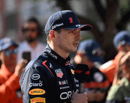 Red Bull Racing’s Dutch driver Max Verstappen gives an interview after taking pole position in the qualifying sessions of the Formula One Monaco Grand Prix in Monaco on Saturday (AFP photo by Andrej Isakovic)