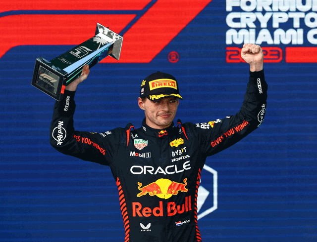 Race winner Max Verstappen of the Netherlands and Oracle Red Bull Racing celebrates on the podium during the F1 Grand Prix of Miami in Miami, Florida, on Sunday (AFP Photo by Mark Thompson)