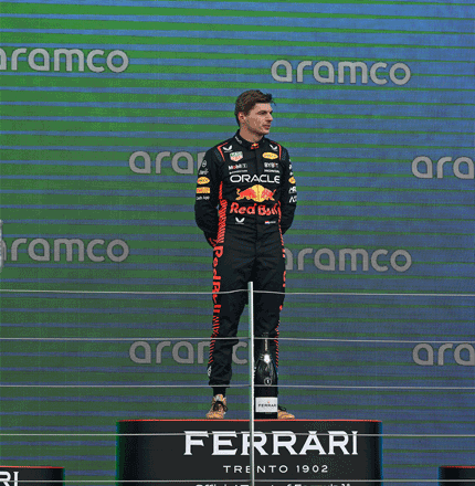 Winner Red Bull Racing’s Dutch driver Max Verstappen stands on the podium after winning the Formula One British Grand Prix in Silverstone on Sunday (AFP photo by Andrej Isakovic)