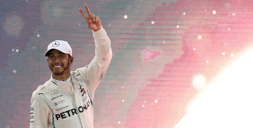 Mercedes’ Lewis Hamilton celebrates winning Formula One’s Abu Dhabi Grand Prix in Abu Dhabi on Sunday (Reuters photo)