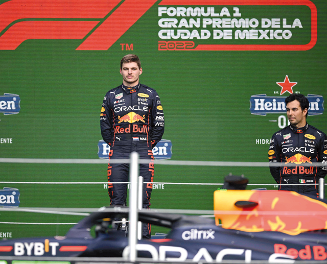 Red Bull Racing’s Dutch driver Max Verstappen listens to national anthems on the podium after the Formula One Mexico Grand Prix in Mexico City on Sunday (AFP photo by Alfredo Estrella)
