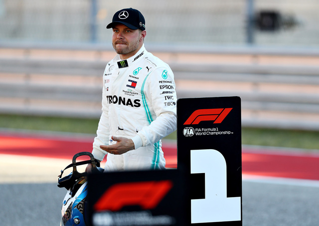Pole position qualifier Valtteri Bottas of Finland and Mercedes GP celebrates in parc ferme during qualifying for the F1 Grand Prix of USA in Austin, Texas, on Saturday (AFP photo by Mark Thompson)