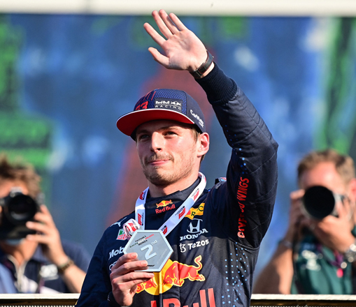 Red Bull’s Dutch driver Max Verstappen celebrates with his medal after placing second in the sprint session in Monza, on Saturday, on the eve of the Italian Formula One Grand Prix  (AFP photo by Andrej Isakovic)