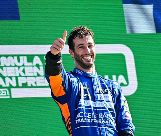 Winner McLaren’s Australian driver Daniel Ricciardo celebrates on the podium after the Italian Formula One Grand Prix in Monza on Sunday (AFP photo by Andrej Isakovic)