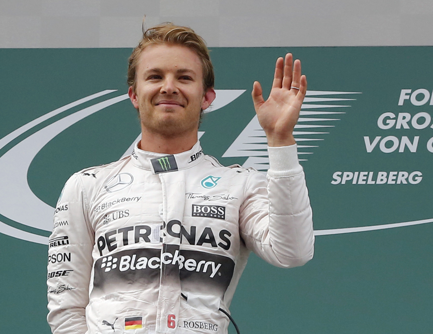 Mercedes driver Nico Rosberg of Germany celebrates his victory in the Formula One Grand Prix race, at the Red Bull Ring in Spielberg, on Sunday (AP photo by Darko Bandic)