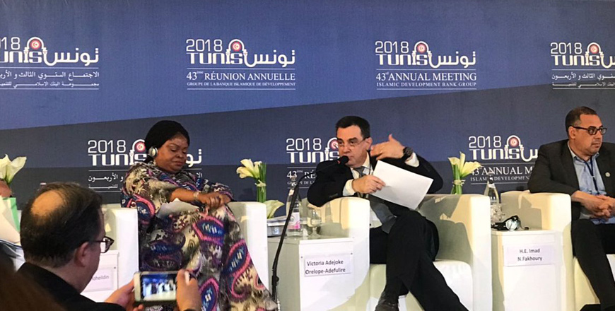 Planning Minister Imad Fakhoury speaks at the 43rd Annual Meeting of the Board of Governors of the Islamic Development Bank in Tunisia (Photo courtesy of Planning Ministry)
