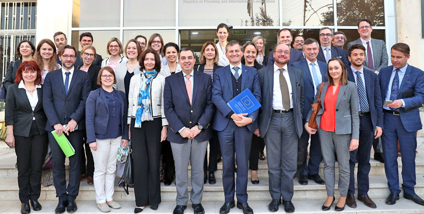 Minister of Planning and International Cooperation Imad Fakhoury poses for a group photo with an EU delegation on Thursday (Photo courtesy of Planning Ministry)