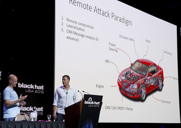  Charlie Miller and Chris Valasek talked about how they remotely hacked into a 2014 Jeep Cherokee at the Black Hat cybersecurity conference in Las Vegas on Wednesday (Reuters photo)