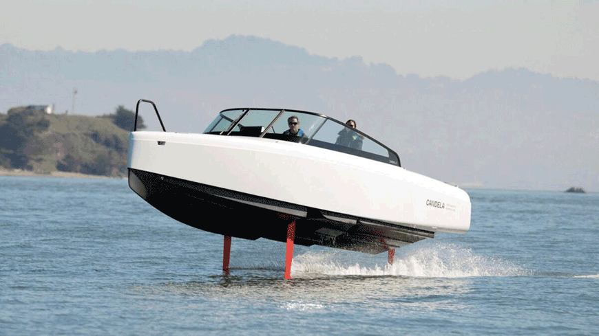 French sailor Tanguy de Lamotte, CEO of Candela US, drives the company’s “flying” electric C8 boat in Sausalito, California, on February 8 (AFP photo)