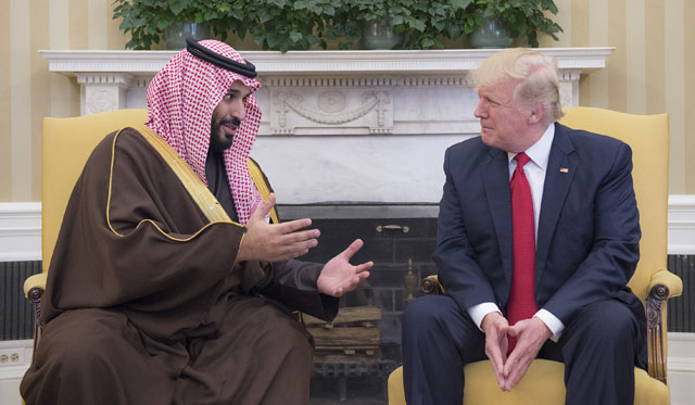 Saudi Deputy Crown Prince Mohammed Bin Salman Al Saud (left) meets with US President Donald Trump at the White House in Washington, United States, on Tuesday (Anadolu Agency photo)