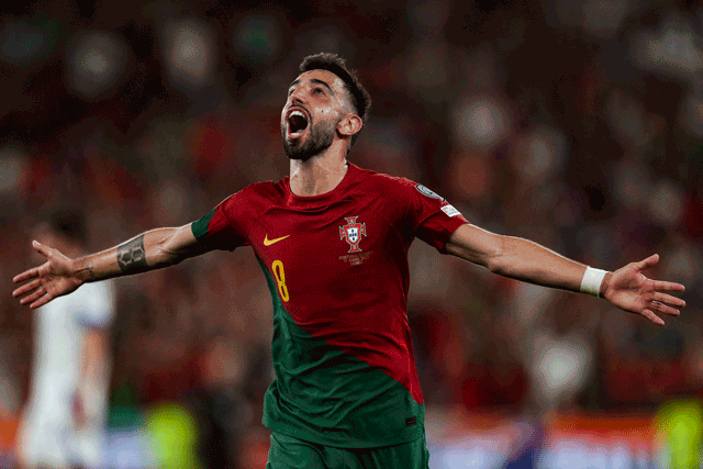 Portugal’s midfielder Bruno Fernandes celebrates after scoring against Bosnia and Herzegovina during their UEFA Euro 2024 group J qualification match in Lisbon on Saturday (AFP photo by Carlos Costa)