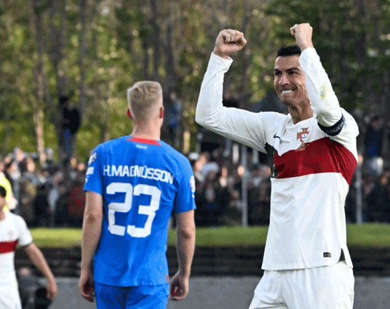 Portugal’s forward Cristiano Ronaldo celebrates scoring against Iceland during their UEFA Euro 2024 group J qualification match in Reykjavik on Tuesday (AFP photo by Halldor Kolbeins)