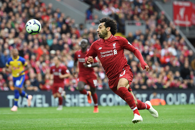 Liverpool’s Egyptian forward Mohamed Salah controls the ball during the English Premier League football match against Southampton in Liverpool, England, on Saturday  (AFP photo by Paul Ellis)
