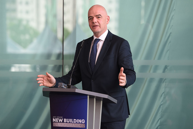 FIFA President Gianni Infantino speaks during the inauguration of the Asian Football Confederation new headquarters in Kuala Lumpur on Tuesday  (AFP photo by Mohd Rasfan)