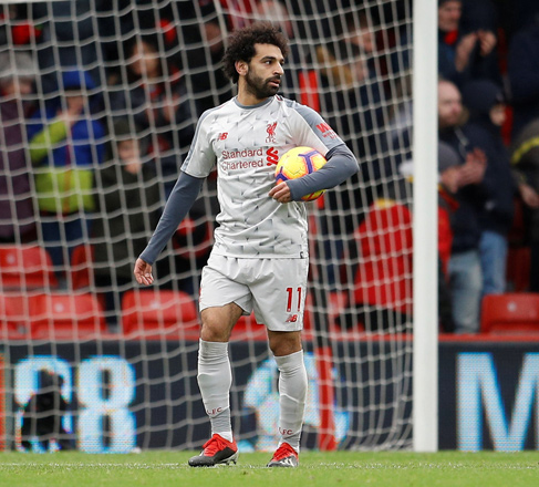 Liverpool’s Mohamed Salah with the match ball at the end of the English Premier League match against Bournemouth in Bournemouth on Saturday  (Reuters photo by Peter Nicholls)