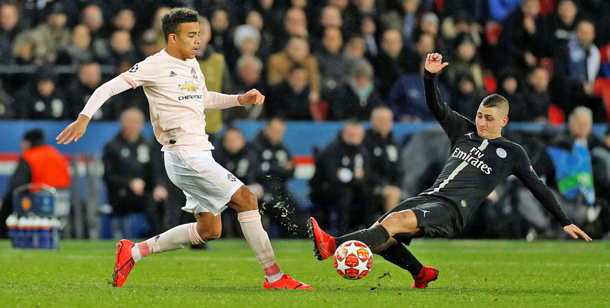 Manchester United’s Mason Greenwood in action against Paris St Germain’s Marco Verratti during their Champions League — Round of 16 Second Leg match in Paris on Wednesday (Reuters photo by John Sibley)