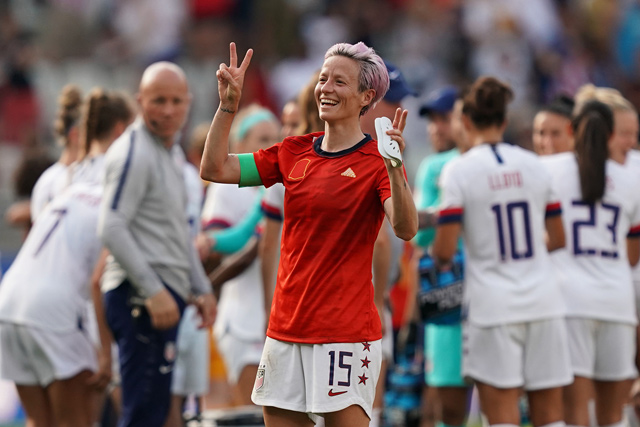 USA’s Megan Rapinoe celebrates at the end of the France 2019 Women’s World Cup football match against Spain, in Reims, France, on Monday  (AFP photo by Lionel Bonaventure)