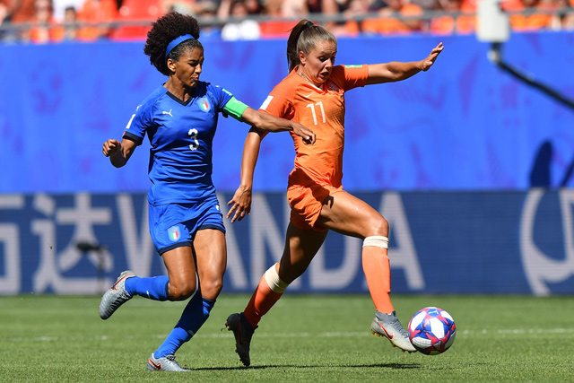 Italy’s defender Sara Gama (left) vies with Netherlands’ forward Lieke Martens during their France 2019 Women’s World Cup football match in Valenciennes, France, on Saturday (AFP photo by Denis Charlet)