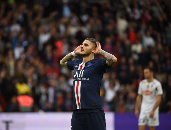 Paris Saint-Germain’s Argentine forward Mauro Icardi celebrates after scoring a goal against  Angers SCO at the French L1 match in Paris on Saturday (AFP photo by Lucas Barioulet)