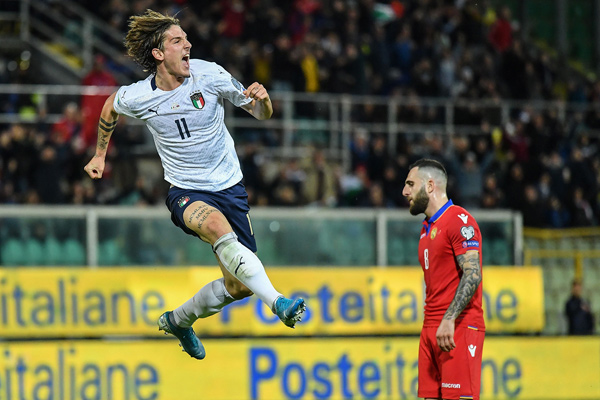 Italy’s midfielder Nicolo Zaniolo celebrates after scoring his second goal during the Euro 2020 1st round Group J qualifying football match against Armenia in Palermo on Monday  (AFP photo by Andreas Solaro)