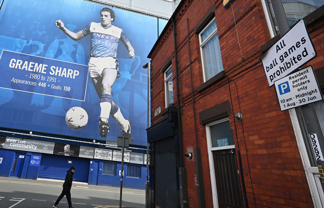 This photo shows the surroundings of Everton’s Goodison Park football ground on the day that the club should have played the Merseyside derby against Liverpool in the English Premier League, in Liverpool, on Monday  (AFP photo by Paul Ellis)