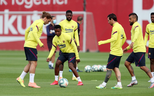 Lionel Messi (3rd left) and Antoine Griezmann (left) take part in a Barcelona training session at the Ciutat Esportiva Joan Gamper in Sant Joan Despi on Tuesday  (AFP photo by Miguel Ruiz)