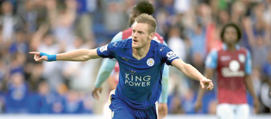 Leicester City’s Jamie Vardy celebrates scoring their second goal of the game against Aston Villa at the King Power Stadium on September 13, 2015 in Leicester (AP photo)