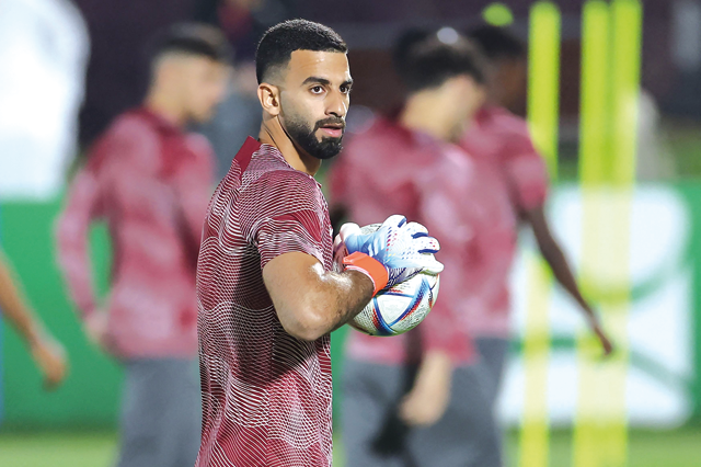 Qatar’s goalkeeper Saad Al Sheeb takes part in a training session for the Qatar 2022 World Cup tournament in Doha on Saturday (AFP photo by Karim Jaafar)