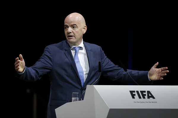 Newly elected FIFA President Gianni Infantino of Switzerland delivers a speech during the Extraordinary FIFA Congress 2016 in Zurich, on Friday (AP photo by Patrick B.  Kraemer)