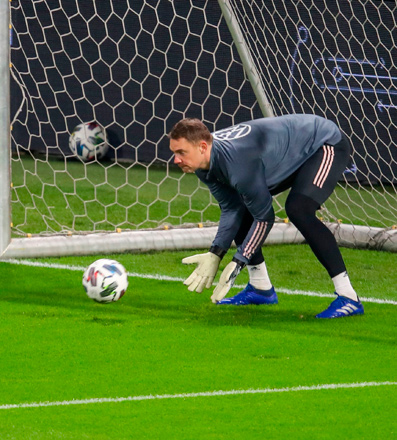 Germany’s goalkeeper Manuel Neuer saves a ball during a training session ahead of the UEFA Nations League match between Germany and Ukraine in Leipzig on Friday  (AFP photo by Ronny Hartmann)