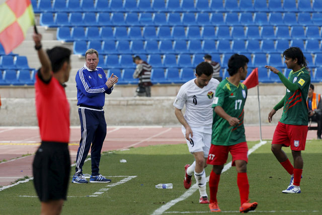 Jordan national team’s coach Harry Redknapp (2nd left) reacts during his team’s World Cup 2018 Asian qualifying football match against Bangladesh at the Amman International Stadium in Amman on Thursday  (Reuters photo by Muhammad Hamed)